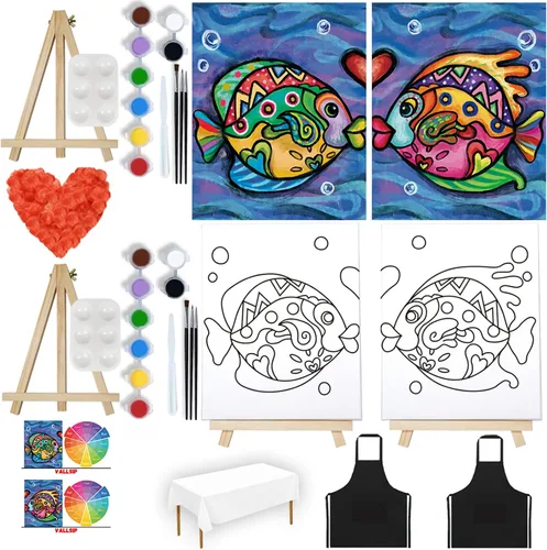 Miniatura 6 de VALLSIP Paquete de 2 Kit de Pintura Paint and Sip Lienzo Predibujado para Pintar para Adultos Lienzo Estirado Juegos para Parejas Noche de Cita