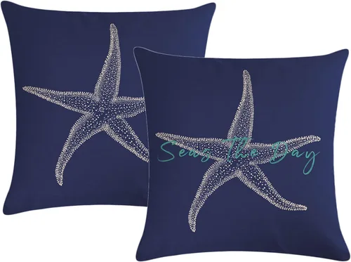 Miniatura 10 de Juego de 2 fundas de almohada con diseño de mar y estrella de mar sobre fondo azul marino, rectangular, para la cintura, diseño de mar costero