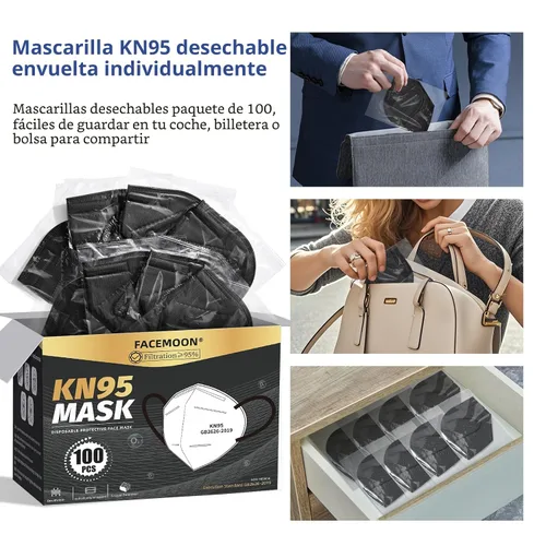 Miniatura 6 de Mascarillas Faciales KN95 Negras para Adultos - Paquete de 100 Mascarillas Desechables Cómodas de Seguridad de 5 Capas y 5 Extensores de Mascarillas