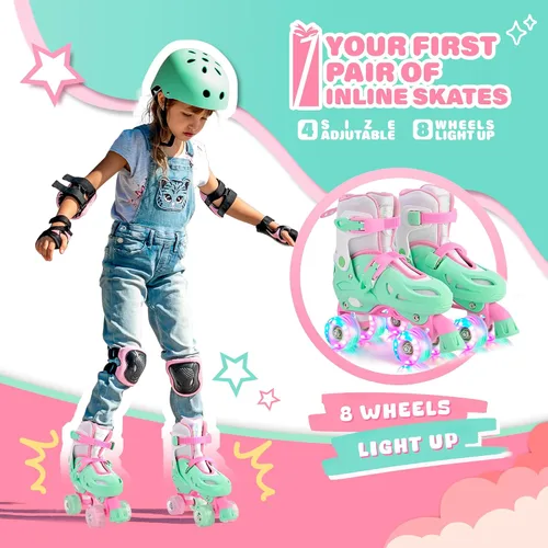 Miniatura 2 de 2PM SPORTS Patines de ruedas con luz ajustable de 4 tamaños para niñas, 4 ruedas intermitentes, patines para principiantes para niños de 5 a 8 y 8 a
