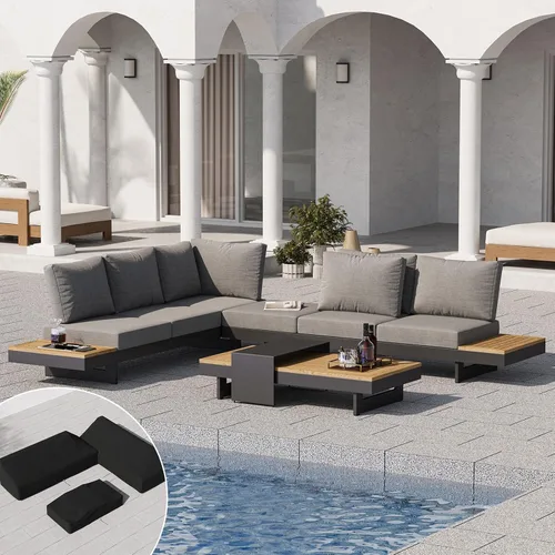 Miniatura 12 de homary Juego de 6 sofás seccionales de aluminio y teca para exteriores con respaldos ajustables, cojines impermeables, ideal para patios y balcones