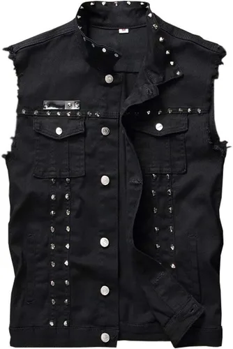 LifeHe Chalecos de mezclilla sin mangas con solapa y cremallera punk para hombre