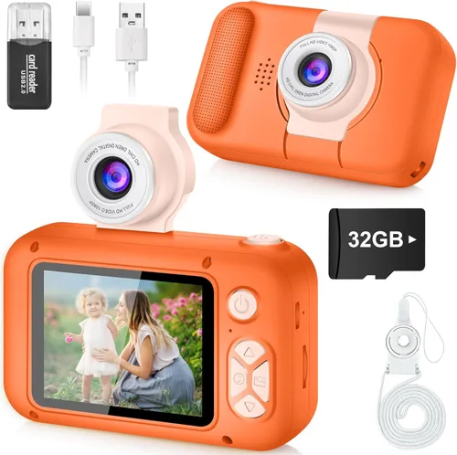 Miniatura 9 de ARNSSIEN Cámara para niños, cámara digital de juguete para niños pequeños con lente abatible de 180°, pantalla IPS de 2.4 pulgadas, tarjeta de 32