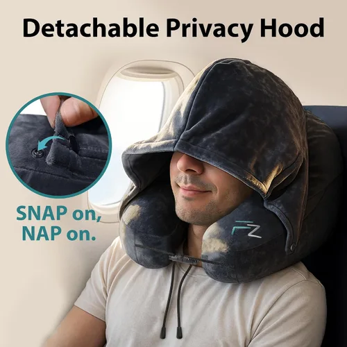 Miniatura 5 de FLOWZOOM Almohada inflable para el cuello para viajar en avión, almohada de avión con capucha en forma de H con 5 modos de repetición, inflado Negro