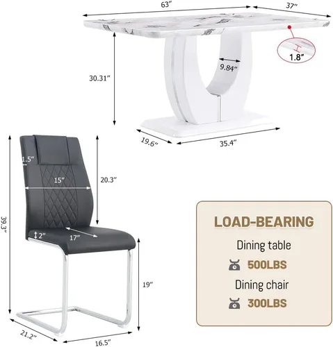 Miniatura 2 de JUFU Moderno juego de mesa de comedor y 4 sillas, juego de mesa de comedor de mármol sintético blanco para 4, juego de mesa de comedor y 4 sillas