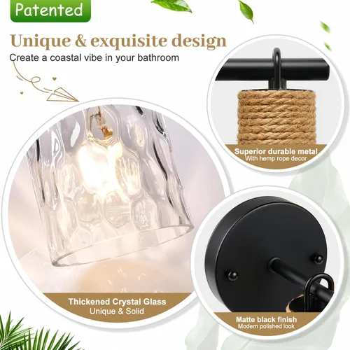 Miniatura 3 de MOKATNG Juego de 2 apliques de pared para baño, luces de tocador modernas costeras con pantalla de cristal, lámpara de pared negra para espejo