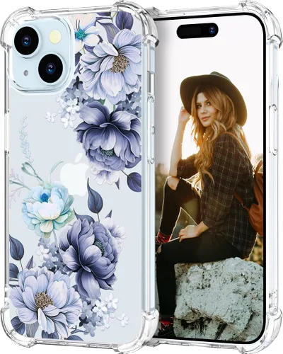 Hungo Funda compatible con iPhone 15 Plus para mujer, diseño floral transparente, lindo, flor azul rosa Rosas Azules