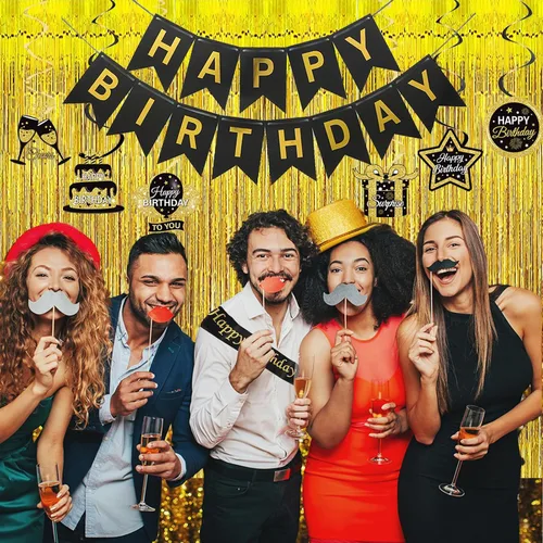 Miniatura 7 de Decoraciones de cumpleaños en negro y dorado para hombres y mujeres, decoraciones de fiesta en negro y dorado incluyen corona, remolinos colgantes