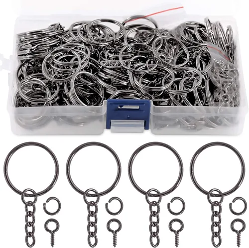 Miniatura 10 de Swpeet Juego de 450 llaveros planos negros de 4/5 pulgadas de 0.787 in, incluye 150 llaveros divididos con cadena y 150 anillos de salto con 150