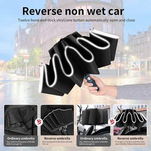 Miniatura 4 de CLOUDIA Paraguas de viaje resistente al viento fácil y compacto plegable invertido, paraguas para lluvia, paraguas invertido a prueba de viento