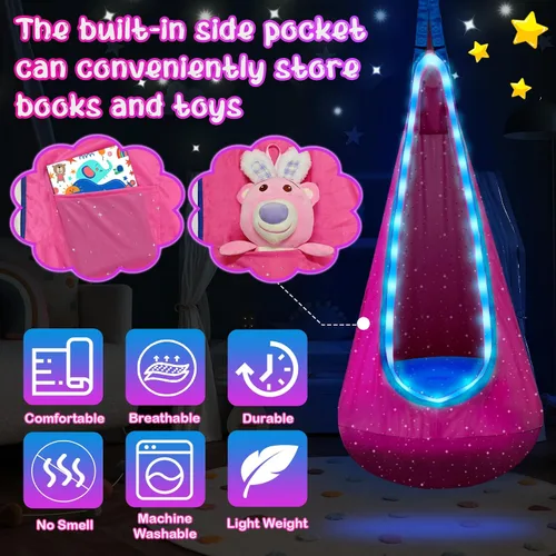 Miniatura 4 de Asiento de Columpio Pod Iluminado para Niños, Silla de Columpio Hamaca Colgante para Niños con Luces LED y Almohada Inflable, Columpio Pod Sensorial