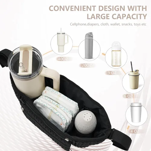 Miniatura 5 de Organizador de cochecito - Elegante nailon acolchado, ajuste universal, bolsa desmontable, almacenamiento múltiple ajustable para cochecito de bebé