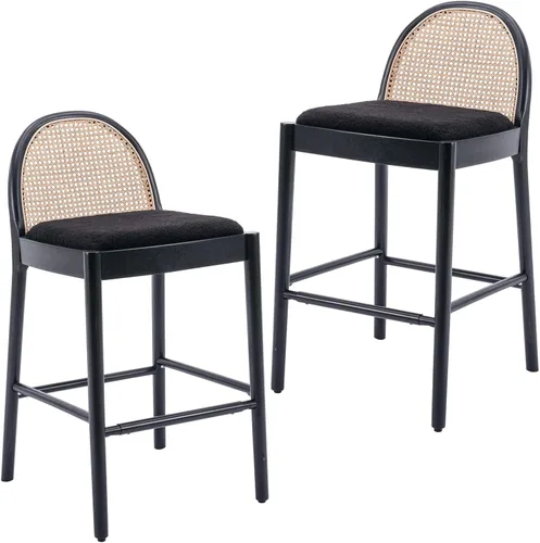 Miniatura 11 de DUOMAY Juego de 2 taburetes de mostrador modernos de ratán beige, 26 pulgadas de altura - Taburetes de bar de madera tapizados en lino con respaldo