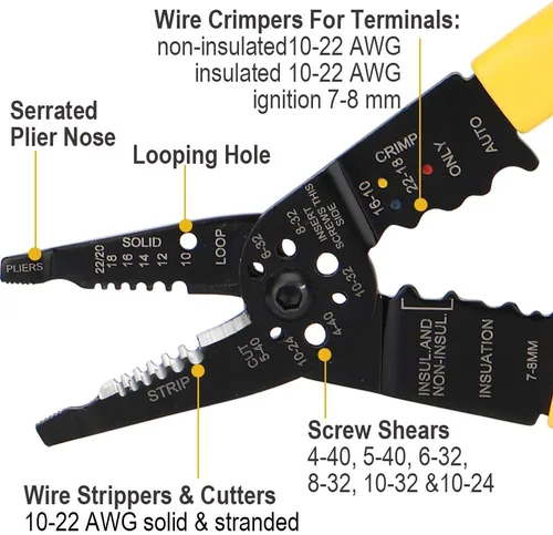 Miniatura 2 de DOWELL Herramienta de pelado de cables, pelacables, engarzadora, cortador multifunción de 8 pulgadas 10-22AWG
