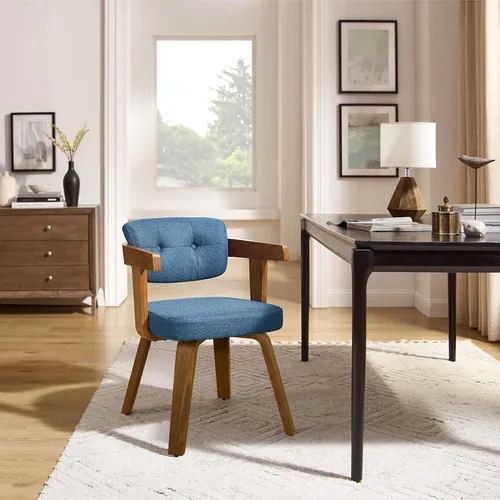 Miniatura 25 de Art Leon Silla de oficina sin ruedas, moderna de mediados de siglo, silla de escritorio tapizada de tela sin ruedas, silla con brazo decorativo