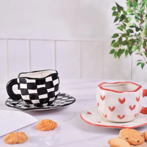 Miniatura 9 de Koythin - Taza de café de cerámica, taza de diseño a cuadros negros y blancos con platillo para oficina y hogar, apta para lavavajillas