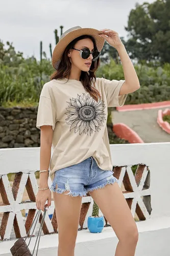 Miniatura 4 de Womens Casual Letter Graphic Print Short Sleeve Tunic Tops Round Neck Loose Tee Oversized Drop Shoulder Longline T Shirts