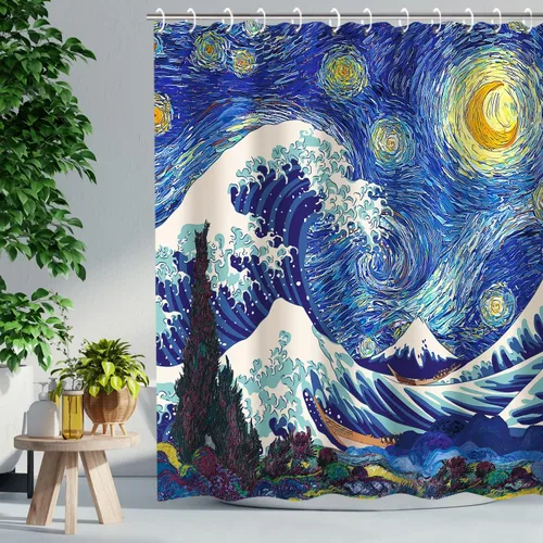 Miniatura 28 de RosieLily Cortina de ducha con diseño de lago de montaña, cielo nocturno estrellado, paisaje de luna y bosque para baño, 72 pulgadas de ancho x 72