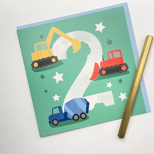 Miniatura 3 de Old English Co. Tarjeta de primer cumpleaños para niño o niña, tarjeta de feliz segundo cumpleaños para niños de dos años, tema de excavador
