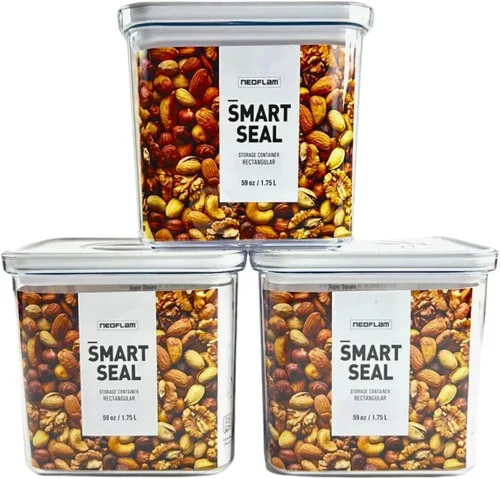 Neoflam Recipiente hermético de almacenamiento de alimentos con sello inteligente (juego de 3) | Cuerpo transparente | Modular, apilable, diseño