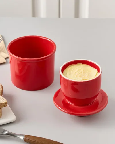 Miniatura 5 de XELA Recipiente de cerámica para mantequilla, plato de mantequilla francesa para mostrador, contenedor de mantequilla con línea de agua para Rojo
