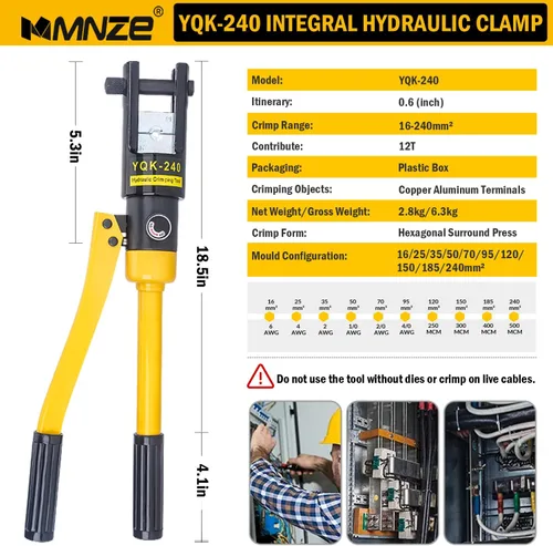 Miniatura 2 de Alicates de crimpado hidráulico de 12 toneladas de 6 AWG a 500 MCM Kit de herramientas de prensado hidráulico de mano con terminal de cable