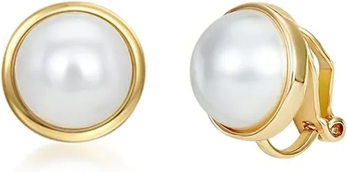 Pendientes de Clip de Perla para Mujer, Pendientes de Clip Colgante para Mujer, Pendientes de Perla Blanca Imitación Chapados en Oro, Pendientes de