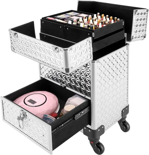 Miniatura 15 de Estuche de maquillaje con ruedas para cosméticos, carrito grande para cosméticos con cerraduras, organizador de almacenamiento de cosméticos, Negro