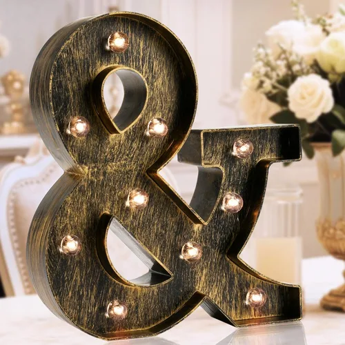 OYCBUZO Letra de Marquesina LED Dorada Negra - Letrero de Letra del Alfabeto con Luz de Estilo Industrial y Vintage para Café, Boda, Fiesta de
