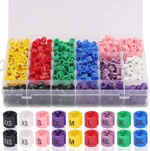 Juego de 820 marcadores de tamaño para colgar ropa, codificación de colores, 9 tamaños de XXS a 4XL, con caja de almacenamiento resistente