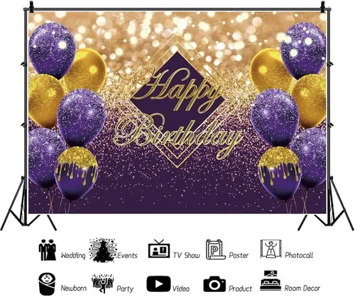 Miniatura 3 de Renaiss Telón de fondo violeta de 5 x 3 pies para sesión de fotos de niños, hombres y mujeres, retrato de globos dorados morados, fondo
