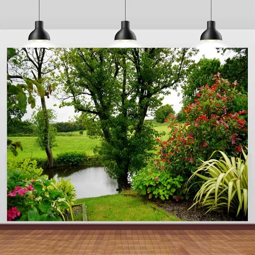 Telón de fondo de jardín de 5 x 3 pies para primavera, picnic al aire libre, campo de fotografía, campos, árboles, parque, río, primavera, paisaje,