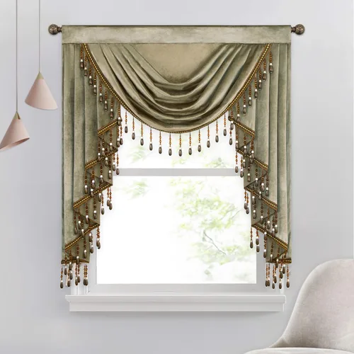 Miniatura 56 de VOGOL Cenefa de cortinas de terciopelo grueso para dormitorio, cenefas de cascada de lujo con aislamiento térmico dorado para sala de estar formal