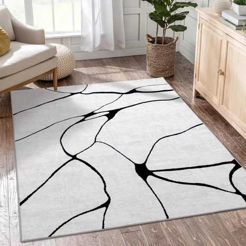 Miniatura 9 de YIHOUSE Alfombra lavable de 5 x 7 pies, moderna abstracta en blanco y negro, antideslizante, para dormitorio, oficina en casa (abstracto, 5 x 7 pies)