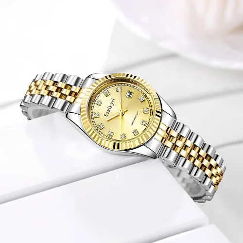 Miniatura 5 de Reloj clásico para mujer con banda de acero inoxidable sólido, reloj de vestir para mujer, reloj con calendario