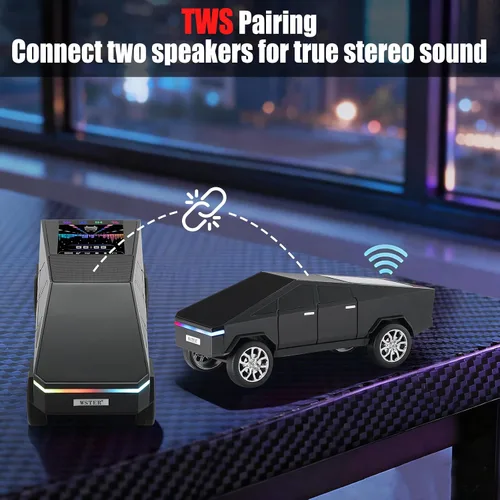 Miniatura 5 de Altavoz de reproducción Bluetooth futurista con pantalla LED, audio portátil de estilo futuro con enlace TWS, radio FM, iluminación LED y micrófono
