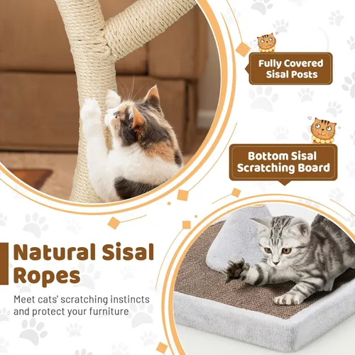 Miniatura 5 de Tangkula Árbol alto para gatos, torre grande de varios niveles para gatos de 70 pulgadas con 3 perchas cálidas, 3 bolas de tintineo, postes Gris