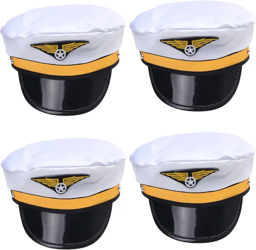 Paquete de 4 gorras de capitán piloto, aviador, aviador, azul marino, para hombres y mujeres, color blanco
