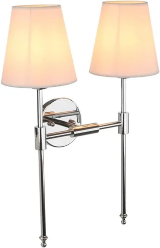 Miniatura 8 de PERMO Lámpara de pared doble clásica cromada 2 luces con pantalla de tela blanca acampanada para montaje en pared rústico