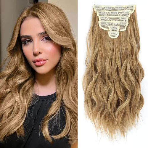 Miniatura 16 de Fliace Extensiones de cabello con clip para mujer, extensiones de cabello ondulado largo de color marrón medio, extensiones de cabello sintético