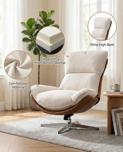 Miniatura 8 de LukeAlon Silla giratoria de sherpa, silla decorativa tapizada con respaldo alto con base de metal, cómoda silla reclinable moderna para sala
