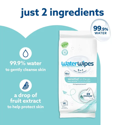 Miniatura 4 de WaterWipes Sensitive+ On The Go Wipes, 3 en 1 limpia, cuida, protege, 99.9% de agua, toallitas húmedas hipoalergénicas y sin perfume, 28