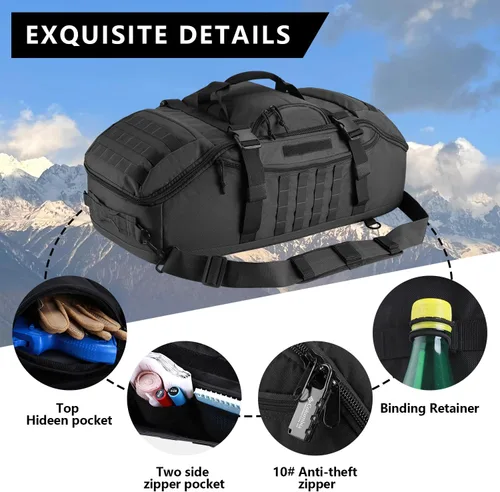 Miniatura 3 de Bolsa de lona grande de 65L, mochila táctica 3 en 1 MOLLE para deportes, gimnasio, exteriores, color negro
