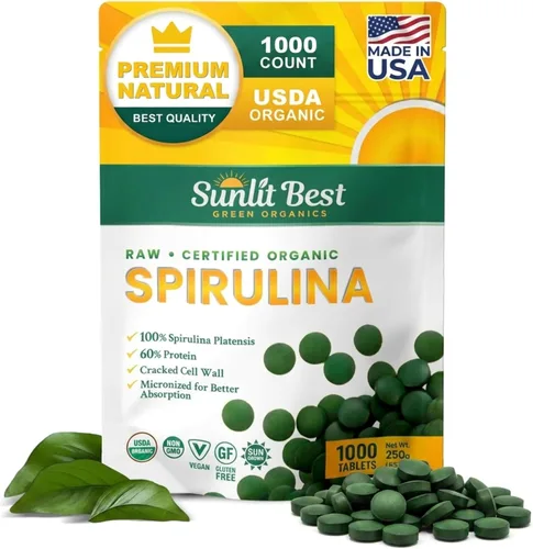 Sunlit Best Spirulina Tablets – Tabletas orgánicas de espirulina USDA Premium 1000 unidades – Espirulinas naturales explosión orgánica para apoyo