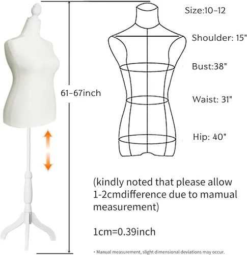 Miniatura 2 de Cuerpo de maniquí femenino, talla grande 10-12, vestido de maniquí femenino, altura ajustable, 61-67 pulgadas, cuerpo de maniquí con soporte