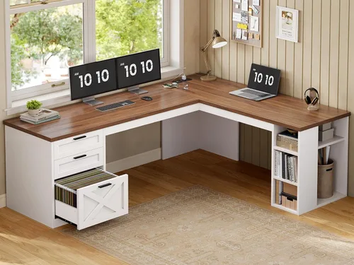 Miniatura 14 de SEDETA - Escritorio de 67 pulgadas en forma de L con gabinete, escritorios de oficina en casa con cajones y puertas correderas, escritorio esquinero