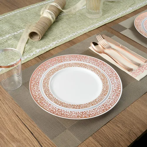 Miniatura 4 de FOCUSLINE Juego de vajilla de oro rosa de 175 piezas para 25 invitados, platos de plástico con diseño de borde de encaje de oro rosa, incluye 25