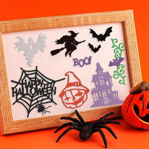 Miniatura 3 de Troqueles de corte de fantasma de Hello Halloween, marco de ventana de hoja de calabaza de murciélago troquelado, plantilla de metal para hacer