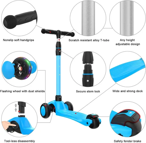 Miniatura 2 de Allek - Kick Scooter B03. Monopatín de 3 ruedas con ruedas de PU extra anchas y luminosas, sistema Lean 'N Glide, manillar ajustable a cualquier