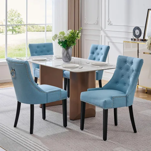 Miniatura 8 de adochr Juego de 2 sillas de comedor de terciopelo, sillas de cocina tapizadas con patas de metal, respaldo abotonado moderno con anillo de tracción
